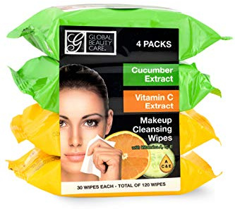 Global Beauty Care 120 Pack (4-Pack) Cucumber & Vitamin C Cleansing Wipes for Makeup Removal - Ideal for Travel Toilet Items