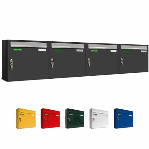 AL Briefkastensysteme Basic 4er Briefkasten RAL 7016 Anthrazit Grau/Einwurfklappe RAL 9006 Weiß Aluminium 4 Fach DIN A4 wetterfest mit Posthaltebügel und 2 Namensschildern