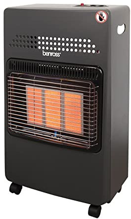 Benross 47289 Portable Butane Gas Heater with Regulator & Pipe / 3 Heat Settings/Tilt & Flame Failure Protection/Castor Wheels & Carry Handle/Black Colour
