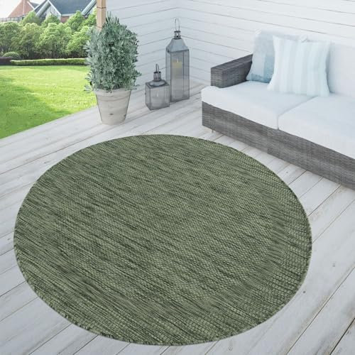 TT Home In-& Outdoorteppich Wetterfest Terrasse Küche Modern Mit Umrandung Unifarben, Farbe: Grün, Größe:200 cm Rund