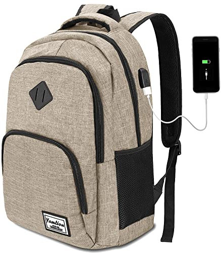 YAMTION Sac à dos scolaire, avec port de charge USB, pour ordinateur portable, université, voyage, travail, bureau, adolescents, beige, Beige, 15.6 pouces