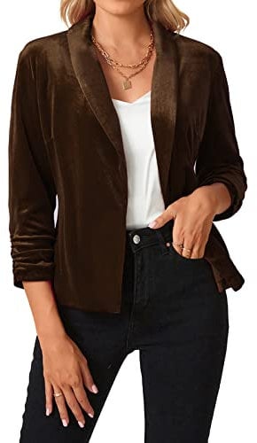MINTLIMIT Womens 3/4 Sleeve Velvet Blazers Collarless Linen Jacket Plain Casual Outerwear,BN-Dark brown,L