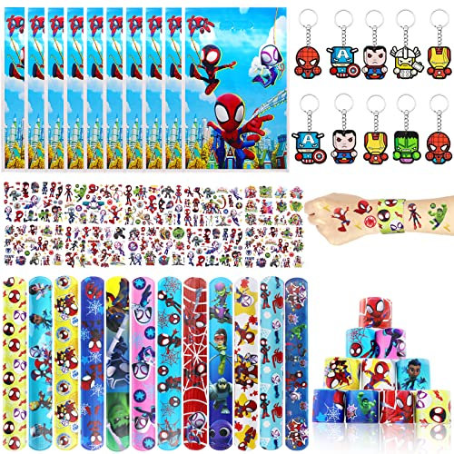 Party Mitgebsel Kindergeburtstag, 40 Stück Avenger Spielzeuge mit Slap Armbänder, Aufklebern, Schlüsselanhänger, Candy Tüten für Jungen MädchenGeburtstagsgeschenk Favors (SpiderFriends)