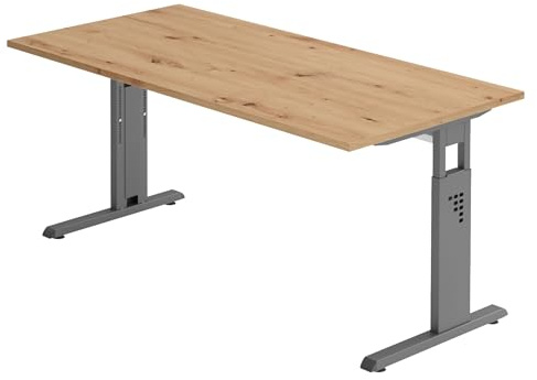 bümö höhenverstellbarer Schreibtisch O-Serie 180x80 cm in Asteiche, Gestell in Graphit - großer PC Tisch für's Büro manuell höhenverstellbar, Computertisch verstellbar