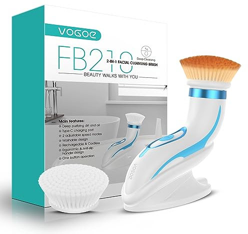 VOGOE Brosse Nettoyante Visage Electrique, Rechargeable Brosses Visage Rotative, Etanche IPX6, Nettoyange Brosse 2 Vitesses avec 2 Têtes Brossantes pour Exfoliation Douce FB210 (Bleu)