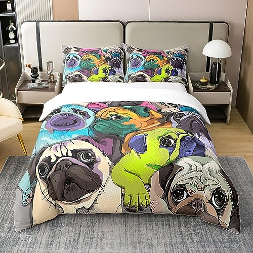 100% Baumwolle Mops Tröster Abdeckung Schöne Mops Hund Bettwäsche Set Bunte Mops Bettbezug Jungen Cartoon Haustier Tiere Quilt Cover mit 1 Kissenbezug 135x200 Weiche Atmungsaktive Kinder Zimmer Dekor