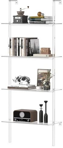 CRTERICX Acrylic Ladder Bookshelf, 4-Tier Clear Wall Mounted Bookshelf with Open Shelves, Multipurpose Bookcase for Living Room, Bathroom, Office, Modern, 11.6 D x 23.4 W x 59.4 H