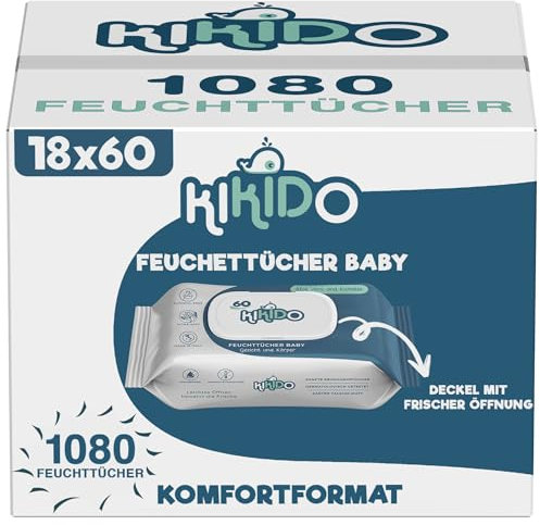 Lingettes Bébé Kikido - 1080 Pièces 18 Paquets de 60 Lingettes Nettoyantes pour Bébés - Couvercle Sauve-Fraîcheur - Sans Alcool, Phénoxyéthanol, Savon et Parabens - Pour Peaux Sensibles - Lot de 18x60