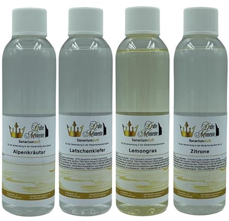 Dufte Momente Sanarium Duft 4 x 250ml - Alpenkräuter, Latschenkiefer, Lemongras, Zitrone - Duft für Bio Sauna, Niedertemperatur Sauna - beliebt auch bei Profi Anwendern