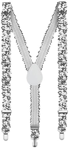 Aomig Hosenträger für Herren, Pailletten Hosenträger Herren Extra Breit 2,5 Cm mit Sehr 3 Metall Clips, Einstellbar und Elastisch Einheitsgröße Hosenträger für Männer und Damen(Silberne Pailletten
