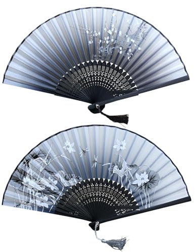 2 Pièces Eventails Pliables en Forme Fleur Chinoise en Bambou Noir Eventail Mariage Pliable Éventail Vintage Pliant Evantaille à Main avec Pompon Soie pour Fête, Décoration Murale Pliants Ventilateur