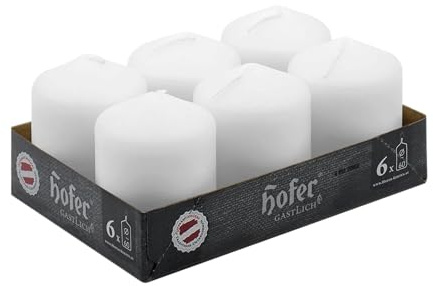 Hofer – Stumpenkerzen - Weiße - Set von 6 - Duftfrei - 60x80 mm – 25 Stunden Brenndauer - Tropffreies und Rauchfreies Wachs - Perfekt für die Hausdekoration - Hergestellt in Österreich