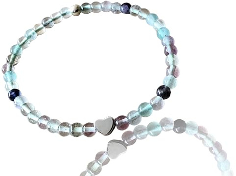 Steinfixx® - Echtes Fluorit Perlenarmband mit 925 Silberperle und silbernem Herz - Hochwertiges Edelsteinarmband - handgefertigt in Deutschland - Stoffwechsel - incl. Geschenkbox (Perlen 4 mm)