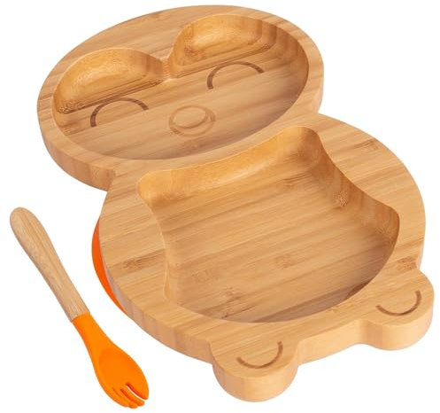2pc Orange Bambus-Pinguin-Baby-Entwöhnungsteller & Gabelsatz - Hölzern Geteilt Kleinkind Kinder Essen Fütterung Tablett - Silikon Saugnapf - Von Tiny Dining