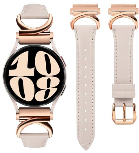 TOYOUTHS Leather Strap Compatible with Samsung Galaxy Watch 7/6/5/4/Active 2 40mm 44mm/Watch 6 Classic Band, Women 20mm Elegant Slim Dressy Strap with C-Shape Metal Buckle, Starlight/Rose Gold