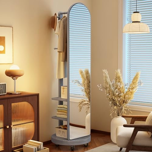 Ganzkörperspiegel mit Schwenkbaren Rädern, 360° Drehbarer Ganzkörperspiegel Aus Massivholz mit Garderobe, 2-in-1-bodenspiegel und Garderobe, Für Wohnzimmer, Schlafzimmer, Garderobe