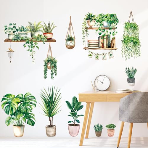 DECOWALL SG2-2411 Vinilo decorativo para pared con plantas y hojas en macetas verdes hojas tropicales decoración del hogar dormitorio sala de estar arte murales de árboles y flores verdes decoración