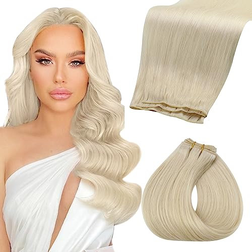 Fshine Genie Weft Echthaar Tressen Platinblond Tressen Echthaar 35cm Echthaar Extensiones zum Einnähen 50g Echthaar Tressen zum Einnähen Blond Farbe 60
