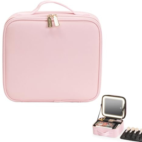 Recitem Schminktasche mit Spiegel und Licht, Make-up Tasche mit Spiegel-3 Farben LED Licht, Reise Kosmetiktasche mit Spiegel LED, Tragbare Schminktasche mit Verstellbaren Trennwänden (Rosa)
