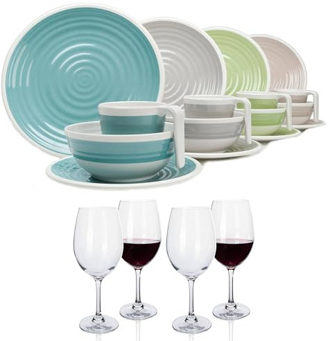 Melamin Camping Geschirr Set 4 Personen Harmonie 16 Teilig + 4 Rotweingläser Weingläser Tafelgeschirr Picknick BBQ Kochgeschirr