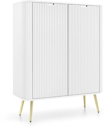 Emporius Loft Sideboard Gerly - Zweitürige Sideboard 100 cm mit Beinen - Gold Griffen, geriffelten Fronten, Hochkommode - Weiß + Gold