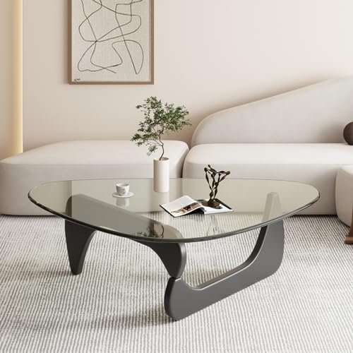 Couchtisch Glas, Wohnzimmertisch Modern Sofatisch, Klein Kaffeetisch mit Tischbeine Holz, Beistelltisch für Wohnzimmer, Tisch Wohnzimmer-Einfache Montage (Schwarz + Transparent, 114cm)