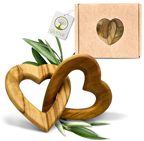 OLIQUE Holzherzen, Olivenholz - Verbundene Holz Herzen als individuelles Geschenk zur Hochzeit, Hochzeitstag oder Verlobung (6 cm)