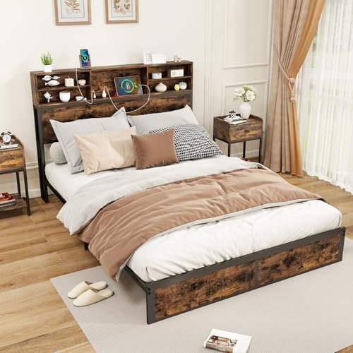 COSTWAY King Size Bed Frame with Charging Station, 5FT Metal Platform Bed Frame with Storage Headboard and Underbed Space, Industrial Steel Slat Support Bed Base Mattress Foundation, Rustic Brown
