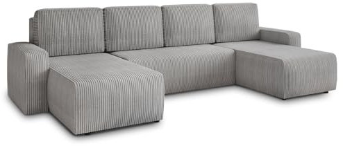 Wohnlandschaft mit Schlaffunktion Roma - U-Form Couch, Schlafsofa mit Bettkasten, Couchgranitur mit Bettfunktion, Big Sofa, Cord Stoff (Grau (Poso 110))