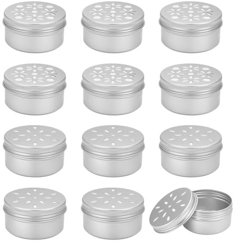 PH PandaHall 12pcs Aluminium Tins, 2.7 Ounce Empty Round Metal Storage Container with Hollow Lids 80ml Screw Lid Round Jars Sample for Aromatherapy Air Freshener Travel Storage, 2 Styles