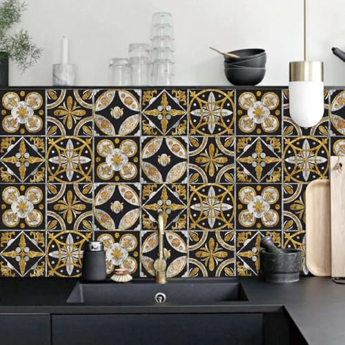 Mosaikfliesen Goldene Schwarze Blume Selbstklebende Fliesen Küche PVC Fliesensticker Wasserdicht Klebefliesen Selbstklebend Fliesenaufkleber Boden Ölfest Tile Sticker Fliesen zum Kleben 30x30cm/20 Pcs