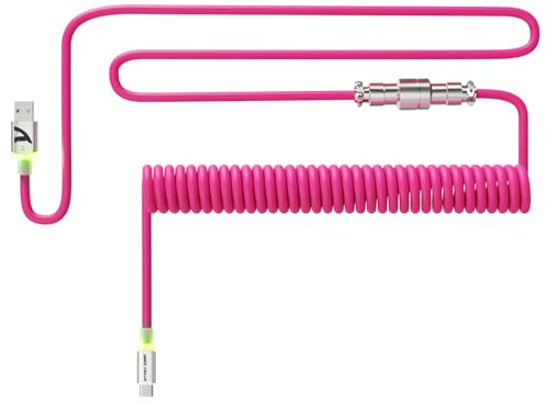 ATTACK SHARK C01Ultra Cable Teclado Espiral con Iluminación RGB-Rojo Rosa | Cable Aviator USB C Coiled para Teclado Mecánico 8KHz, Tipo C a USB A, Conector de Aviación de 4-Pin Desmontable, 56.5In