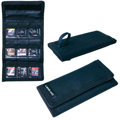LENS-AID Speicherkarten Etui SD-Karten Tasche & Case zur Aufbewahrung | Hülle für bis zu 9 (Micro) SD, CFexpress, XQD und Konsolen Karten, Nylon mit Klettverschluss und Karabiner-Schlaufe
