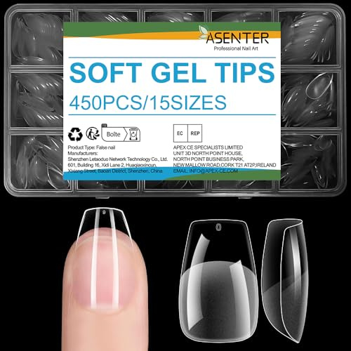 ASENTER Short Coffin Nail Tips, 450Pcs Half Matte Soft Gel, Clear Full Cover Acrylic False Press on Nails for Gel Polish & Nail Extensions, Pre-shaped Fake Nails for Salon and Home DIY, 15 Sizes
