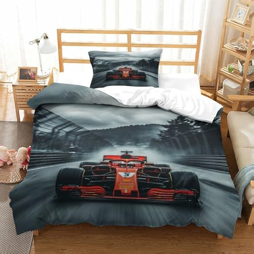 LILIlaobiao Ferrarii Racing Bettwäsche Set Single（135x200cm）, Formulaone Bettbezug Microfaser Mit Kissenbezüge: 80 X 80cm, Luxuriös Bed Set Formulaone