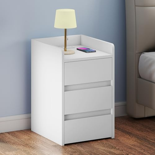 TAUS Bedside Table with 3 Drawers, Nightstand with a Charging Station, 2 USB Ports and Sockets, Waterproof Side Table (35x40x59cm, White) for Bedroom