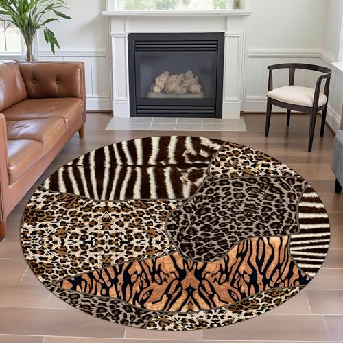 YJDRUG Runder Gepardenprint Teppich 160cm - Maschinenwaschbare rutschfeste Kurzflor-Auslegware, weicher moderner Teppich für Wohnzimmer, Schlafzimmer, Flur & Farmhouse Interior Deko