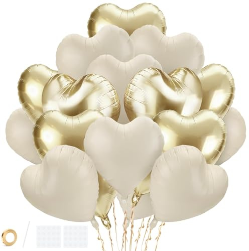 24 Stück Herz Folienballon, 18 Zoll Cremeweiß Hellgold Herzförmige Luftballons, Beige Helium Herzballons Dekorationsset für Valentinstag Hochzeit Verlobung Jahrestag Party Babygeburtstag Brautparty