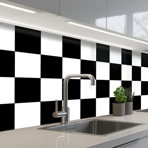 KitchenYeah© Splashback for kitchen 24x79 / 60x200 cm self-adhesive Sink Splash Splatter Guard Splashbacks Walls Chessboard - Patterns - Black and White