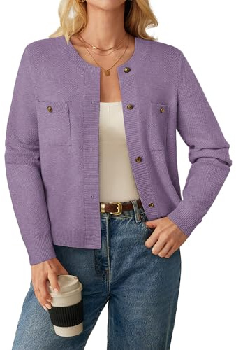 GRACE KARIN Damen Pullover Cardigan Sommer Leicht Langarm Rundhals Strickjacke mit Knopfleiste CL309-09/Lila M