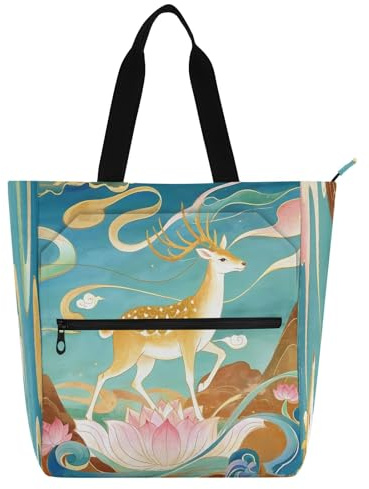 Nexawaveo Wasserdichte Klaviertasche für den Unterricht, Musiktasche, mit Reißverschlusstaschen für Noten und Bücher, Hirsch auf orientalischer Blume in Blau, Einheitsgröße