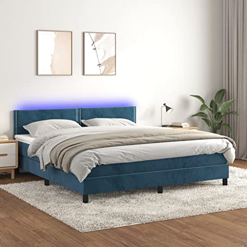 Owoxanthellate Boxspringbett 160x200 cm in Samt Dunkelblau mit verstellbarem Kopfteil LED Beleuchtung und Taschenfederkernmatratze Modernes Design für Schlafzimmer Wohnung und Gästezimmer