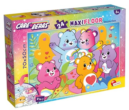 Lisciani - Puzzle Care Bears - 24 Pieces for Children 3+ - Maxi Double-Sided Floor Puzzle to Color - Size 70 x 50 cm - Care Bears Giant Puzzle - Fine Motor Skills Observation & Imagination for Kids