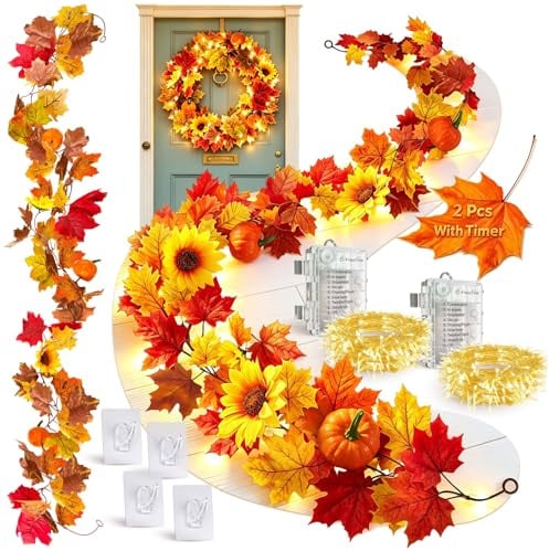 2 Stück Herbstdeko Innen, Home Herbst Dekoration, Herbst Deko Aesthetic, Herbstgirlande mit Licht, Autumn Fall Decor, Lichterkette Herbst Girlande, Kürbis Herbstblätter für Outdoor Türkranz Draußen