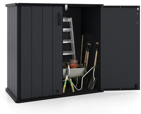 COSTWAY Armoire de Rangement Extérieur en HDPE Imperméable (Noir) | Organisateur d’Outils avec Plancher, Porte Verrouillable et Toit Rainuré pour Jardin Patio Cour, 120 x 65 x 117 cm