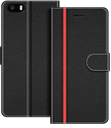 COODIO Phone Case For iPhone 5S, Magnetic Flip Leather Case For iPhone SE / 5S / 5 Wallet Case (NOT Compatible with iPhone SE 2020), Black/Red