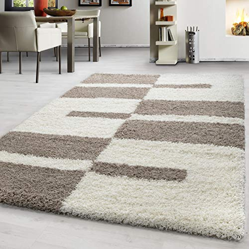Teppium Moderner Hochflor Teppich Wohnzimmer 250x350 (240 x 340 cm) Beige - Shaggy Flauschiger Teppich, Extra Weich, Pflegeleicht und Kariertes - für Schlafzimmer, Küche und Esszimmer