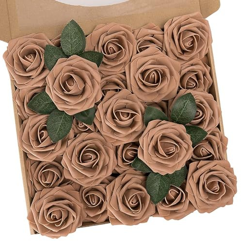 N&T NIETING Roses Artificial Flowers, 25pcs Fake Flower Bulk Perfect for DIY Wedding Bridesmaid Bridal Bouquets Centerpieces Party Home Decoration, Light Brown