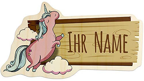 printplanet - Türschild aus Holz mit eigenem Text oder Namen - Namensschild, Holzschild, Kinderzimmer-Schild - Motiv Einhorn