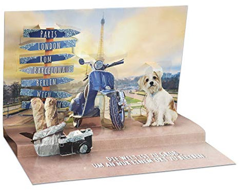 KE - Glitzernde 3D Pop-Up Geburtstagskarte, Reiseliebhaber, Perfekt für besondere Anlässe, Motiv: Wegweiser und Hund